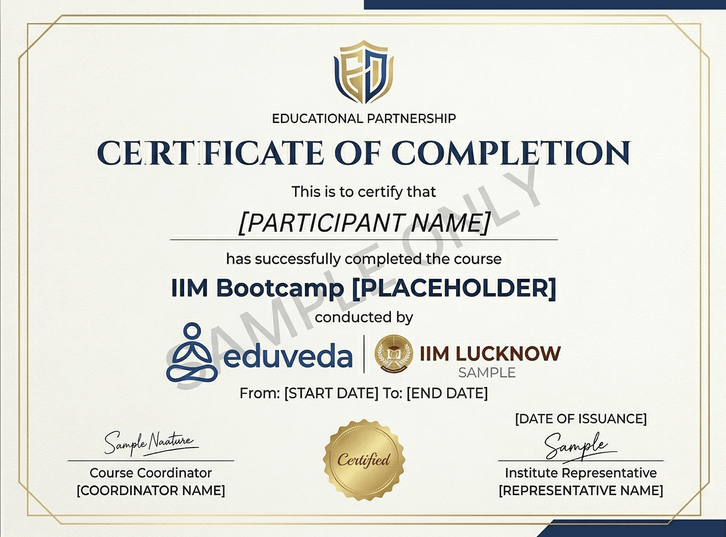 Eduveda and IIM Lucknow sample certificate